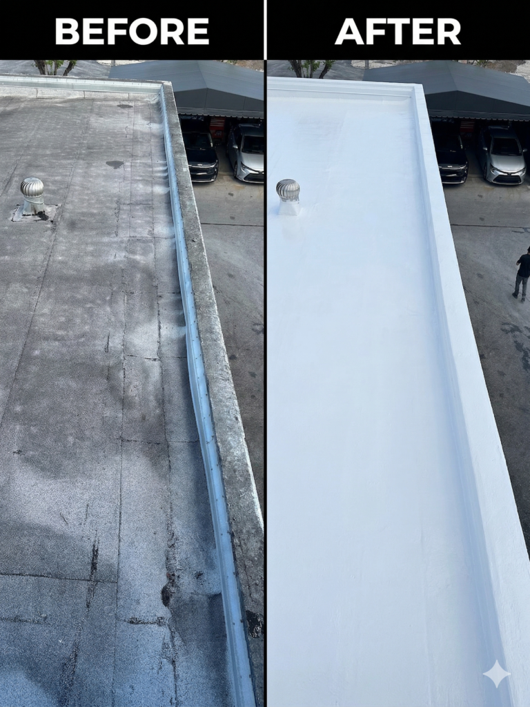 Before & After florida commercial roof coatings, Florida commercial roofing, commercial roof coatings Florida, SPF roofing Florida, silicone roof coating Florida, polyurea roof coating Florida, flat roof coating Florida, commercial roof repair Florida, roof restoration Florida