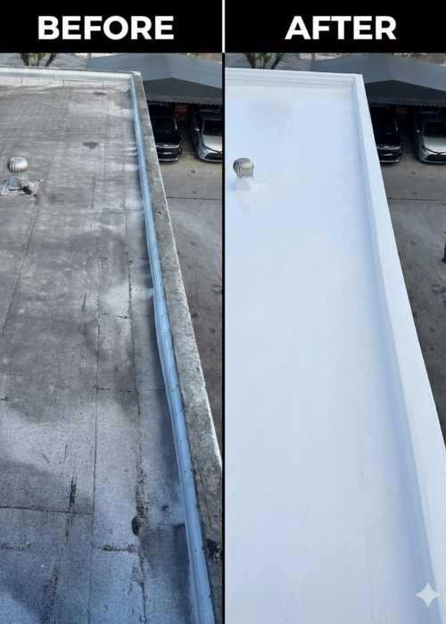 Before & After florida commercial roof coatings, Florida commercial roofing, commercial roof coatings Florida, SPF roofing Florida, silicone roof coating Florida, polyurea roof coating Florida, flat roof coating Florida, commercial roof repair Florida, roof restoration Florida